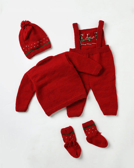 The Original Knit Red Winter Wear Dungaree Set-Knitted-Handmade-Yarn-For Infants