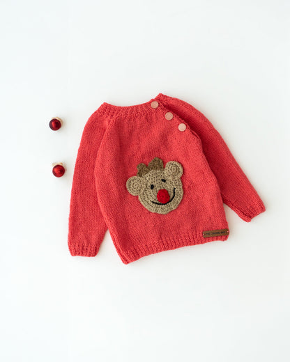 The Original Knit Red Winter Wear Sweater-Teddy Bear Patch-Handmade-Yarn-For Infants