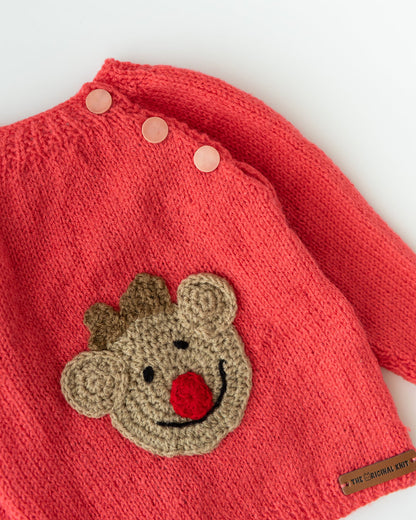 The Original Knit Red Winter Wear Sweater-Teddy Bear Patch-Handmade-Yarn-For Infants