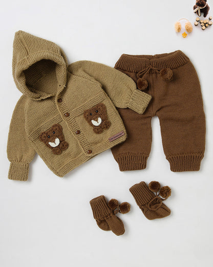 The Original Knit Beige & Brown Sweater Set-Teddy Embellished Handmade-Woolen-For Infants