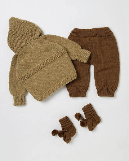 The Original Knit Beige & Brown Sweater Set-Teddy Embellished Handmade-Woolen-For Infants