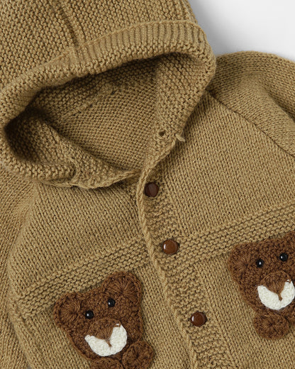 The Original Knit Beige & Brown Sweater Set-Teddy Embellished Handmade-Woolen-For Infants