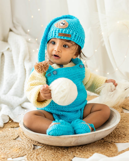 The Original Knit Blue & Off White Winter Wear Romper Set-Woven Design-Acrylic-For Infants