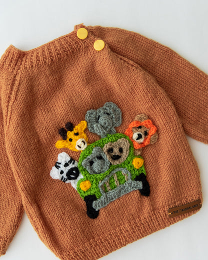 The Original Knit Brown Winter Wear Sweater-Jungle Car Ride Patch-Yarn-For Infants