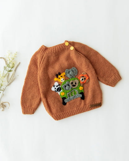 The Original Knit Brown Sweater-Jungle Car Ride Patch-Yarn-For Infants