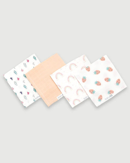 BabyCo Organics Organic Muslin Wash Cloth-Cacti Land, Chasing Rainbows, Strawberry Rush & Solid Color-Set of 4-For Infants