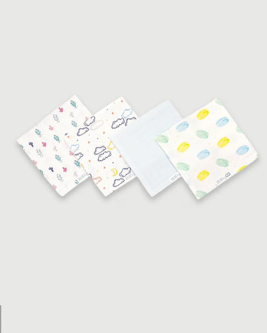 BabyCo Organics Organic Muslin Wash Cloth-Cacti Land, Cloudy Sky, Dreamy Macarons & Solid Color-Set of 4-For Infants