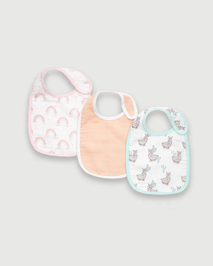 BabyCo Organics Chasing Rainbows, Solid Color & Drama Llama-100% Organic Muslin Bib-Pack of 3-For Infants