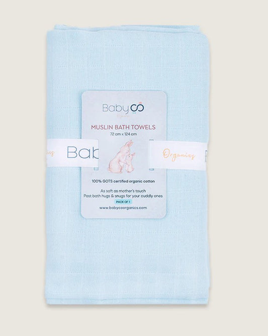 BabyCo Organics Solid Colour Baby Bath Towel-100% Soft And Breathable Cotton-Blue