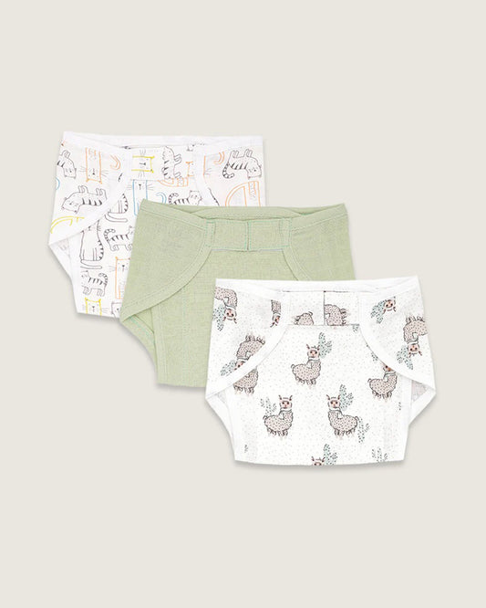 BabyCo Organics Paw-Some, Solid Colour & Drama Llama Cloth Nappy Combo-100% Organic Cotton Muslin-Washable & Reusable-Pack of 3