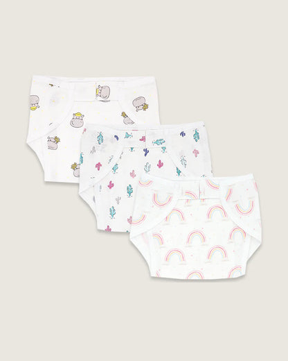 BabyCo Organics Hangry Hippos, Cacti Land & Chasing Rainbows Cloth Nappy Combo-100% Organic Cotton Muslin-Washable & Reusable-Pack of 3