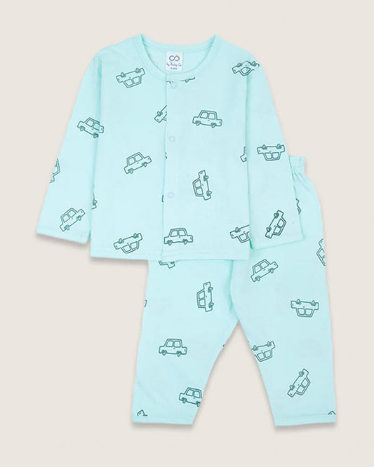 BabyCo Organics Sea Green Happy Cars Pajama set-Cotton-For Infants