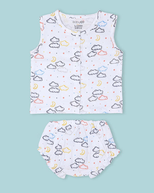 BabyCo Organics White Cloudy Sky Jhabla & Bloomers-Muslin-For Infants