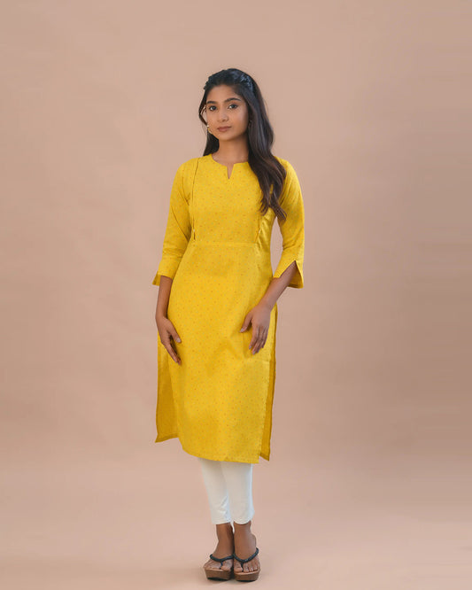 Putchi Lime Yellow Maternity Nursing Kurta-Polka Dots Print-Cotton-Round Split V Neck-Bump Friendly