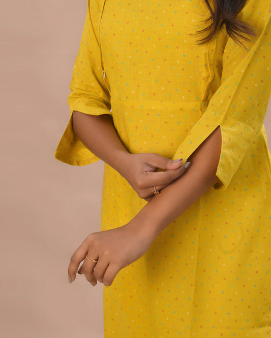 Putchi Lime Yellow Maternity Nursing Kurta-Polka Dots Print-Cotton-Round Split V Neck-Bump Friendly