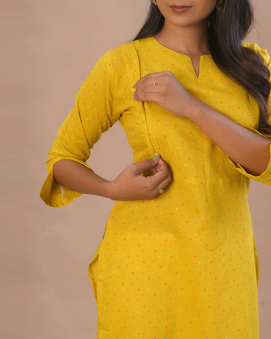 Putchi Lime Yellow Maternity Nursing Kurta-Polka Dots Print-Cotton-Round Split V Neck-Bump Friendly