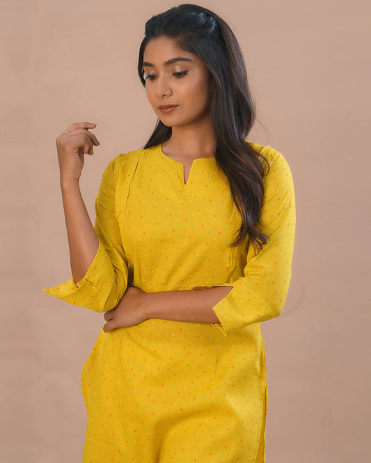 Putchi Lime Yellow Maternity Nursing Kurta-Polka Dots Print-Cotton-Round Split V Neck-Bump Friendly