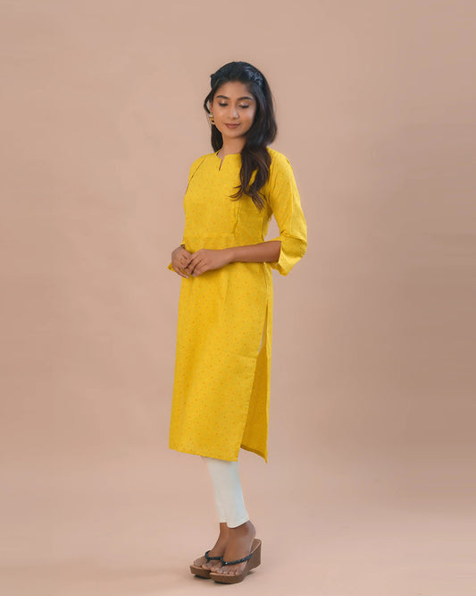 Putchi Lime Yellow Maternity Nursing Kurta-Polka Dots Print-Cotton-Round Split V Neck-Bump Friendly