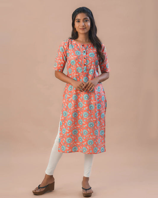 Putchi Orange Maternity Nursing Kurta-Floral Print-Cotton-Round Neck-Bump Friendly