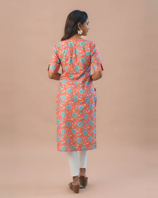 Putchi Orange Maternity Nursing Kurta-Floral Print-Cotton-Round Neck-Bump Friendly