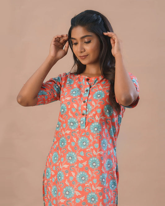 Putchi Orange Maternity Nursing Kurta-Floral Print-Cotton-Round Neck-Bump Friendly