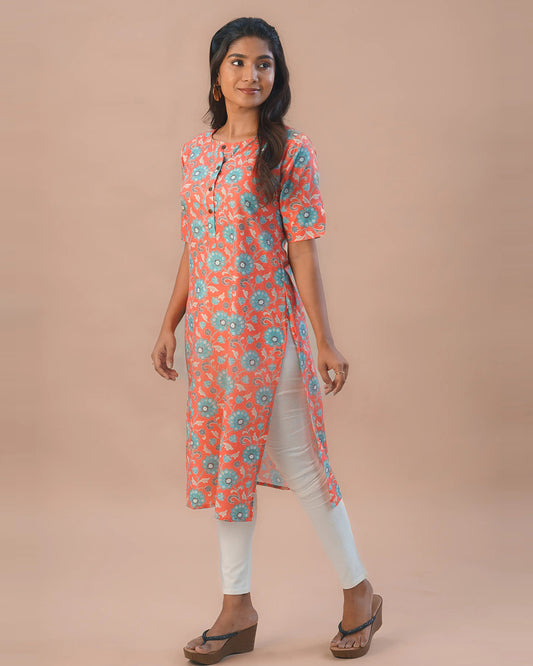 Putchi Orange Maternity Nursing Kurta-Floral Print-Cotton-Round Neck-Bump Friendly