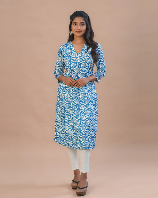 Putchi Blue Maternity Nursing Kurta-Floral Print-Cotton-V Neck-Bump Friendly