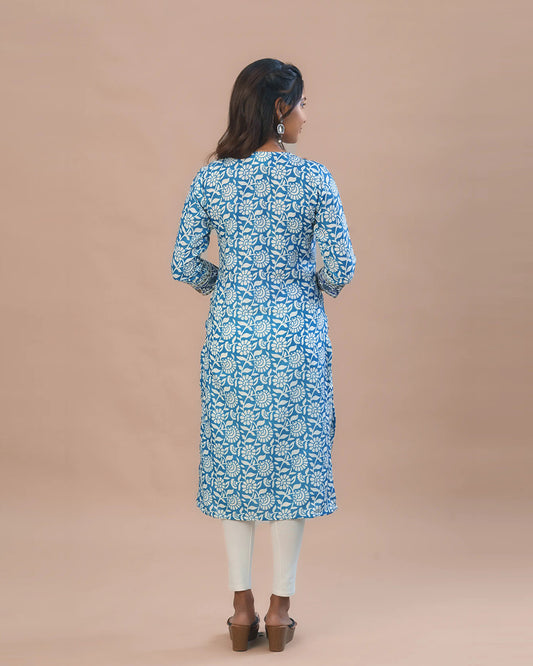 Putchi Blue Maternity Nursing Kurta-Floral Print-Cotton-V Neck-Bump Friendly