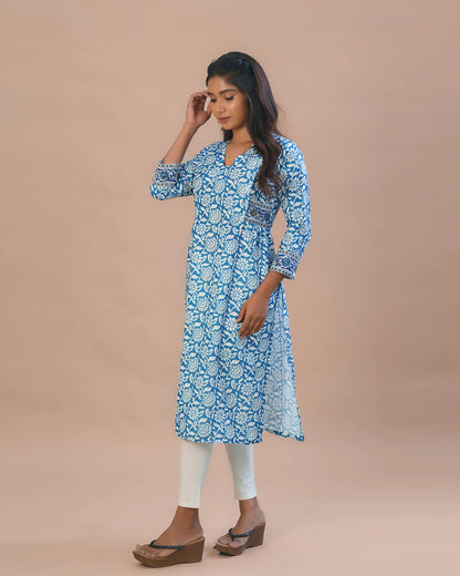 Putchi Blue Maternity Nursing Kurta-Floral Print-Cotton-V Neck-Bump Friendly