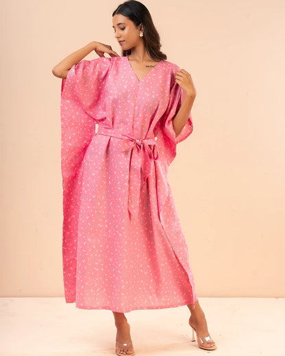 Putchi Pink Maternity Nursing Kaftan-Printed-Cotton-V Neck-Wide Sleeves-Bump Friendly