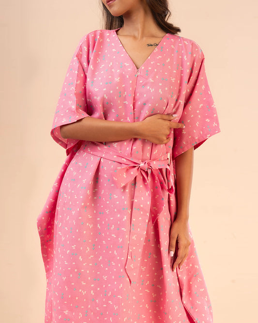 Putchi Pink Maternity Nursing Kaftan-Printed-Cotton-V Neck-Wide Sleeves-Bump Friendly