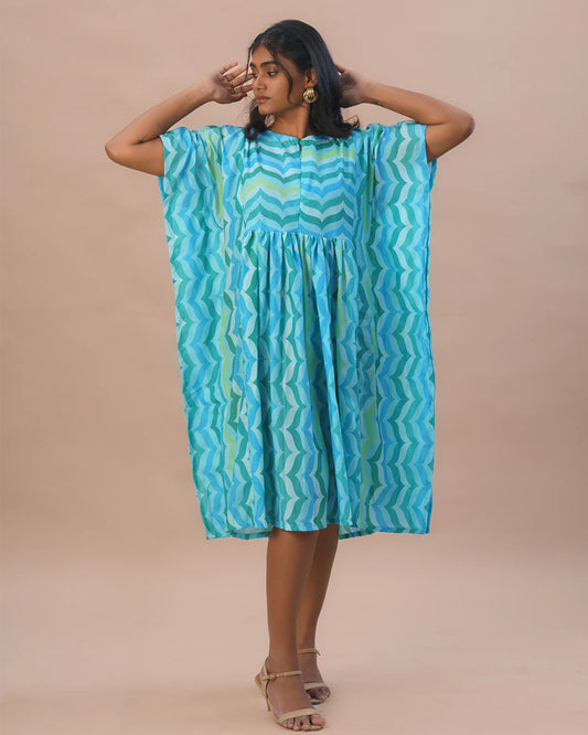 Putchi Blue Maternity Nursing Kaftan-Self Designed-Muslin-Round Neck-Bump Friendly