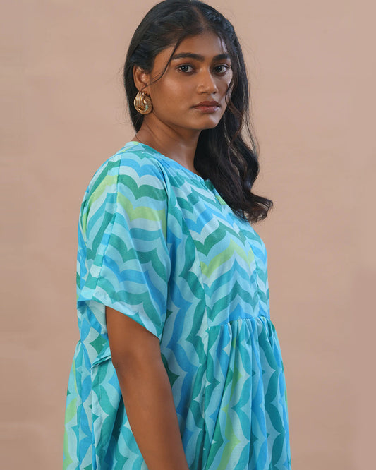 Putchi Blue Maternity Nursing Kaftan-Self Designed-Muslin-Round Neck-Bump Friendly