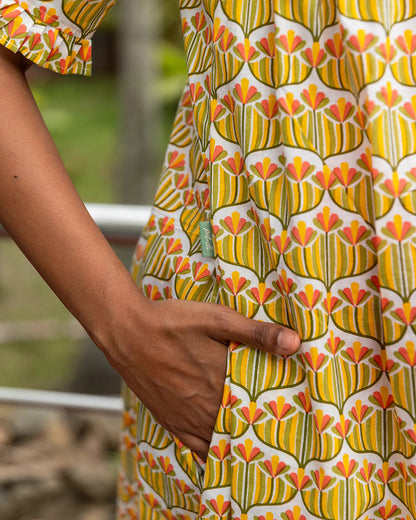 Putchi Yellow Maternity Nursing Nighty-Floral Print-Cotton-Round Neck-Bump Friendly