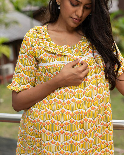 Putchi Yellow Maternity Nursing Nighty-Floral Print-Cotton-Round Neck-Bump Friendly