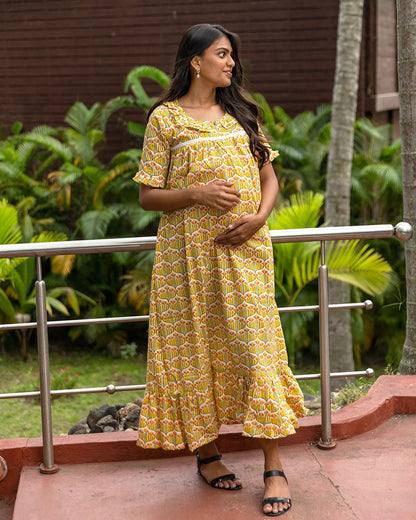 Putchi Yellow Maternity Nursing Nighty-Floral Print-Cotton-Round Neck-Bump Friendly