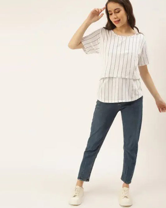 Putchi White Maternity Nursing T-shirt-Striped Print-Cotton-Half Sleeves-Bump Friendly