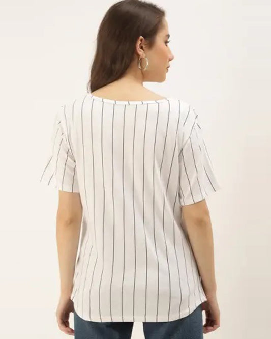 Putchi White Maternity Nursing T-shirt-Striped Print-Cotton-Half Sleeves-Bump Friendly