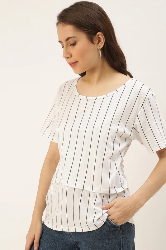 Putchi White Maternity Nursing T-shirt-Striped Print-Cotton-Half Sleeves-Bump Friendly