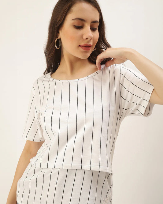 Putchi White Maternity Nursing T-shirt-Striped Print-Cotton-Half Sleeves-Bump Friendly