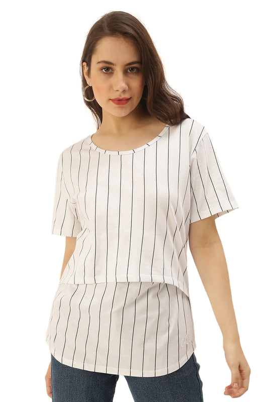 Putchi White Maternity Nursing T-shirt-Striped Print-Cotton-Half Sleeves-Bump Friendly