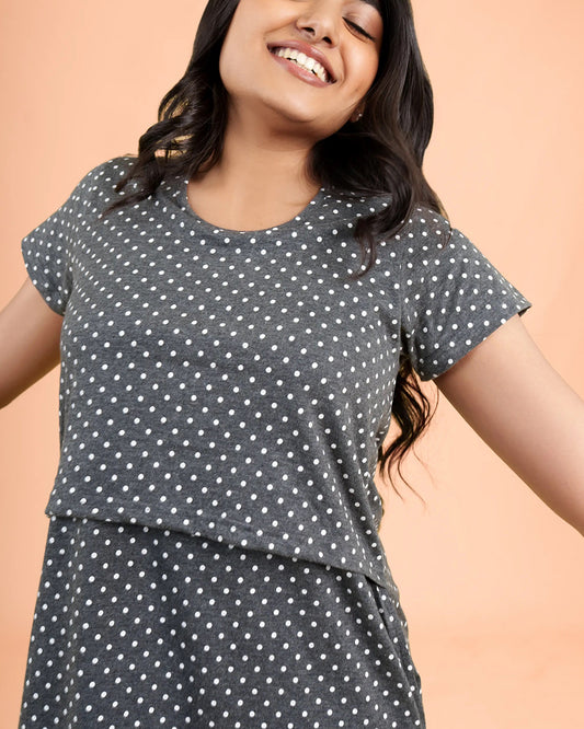 Putchi Grey Maternity Nursing Nighty-Polka Dots Print-Cotton-Round Neck-Bump Friendly