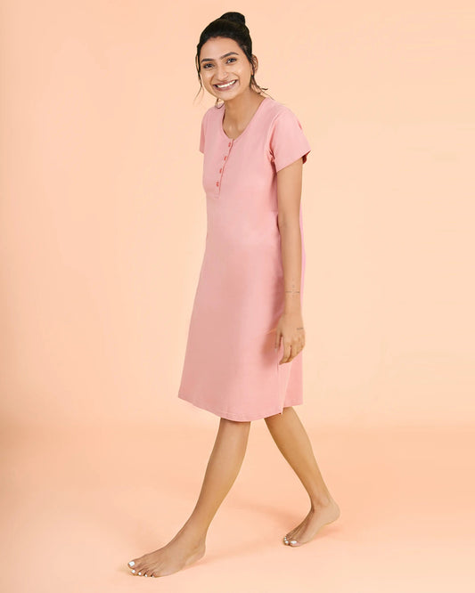 Putchi Pink Maternity Nursing Nighty-Solid Color-Cotton-Round Neck-Bump Friendly