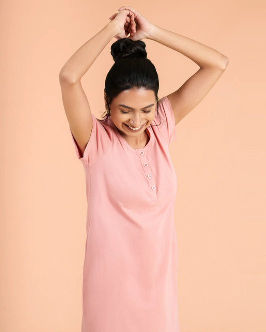 Putchi Pink Maternity Nursing Nighty-Solid Color-Cotton-Round Neck-Bump Friendly