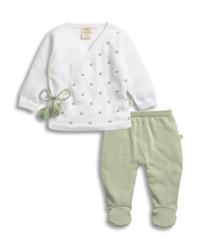 Tiny Twig White & Sage Kimono Jhabla Set-Organic Cotton-For Infants