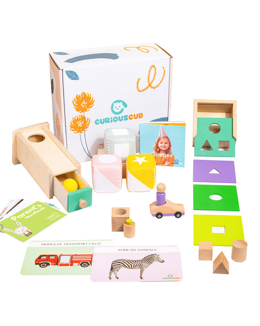 Curious Cub Montessori Box-9M+-Pack of 9 Montessori Toys-Encourages Baby’s Development-Learning & Educational Wooden Toys-Gift Set