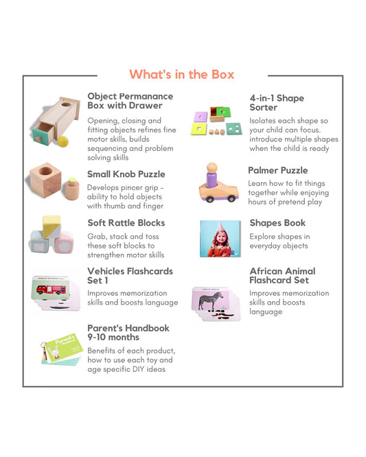Curious Cub Montessori Box-9M+-Pack of 9 Montessori Toys-Encourages Baby’s Development-Learning & Educational Wooden Toys-Gift Set