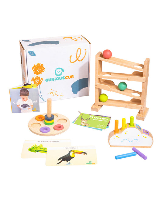 Curious Cub Montessori Box-11M+-Pack of 7 Montessori Toys-Encourages Baby’s Development-Learning & Educational Wooden Toys-Gift Set
