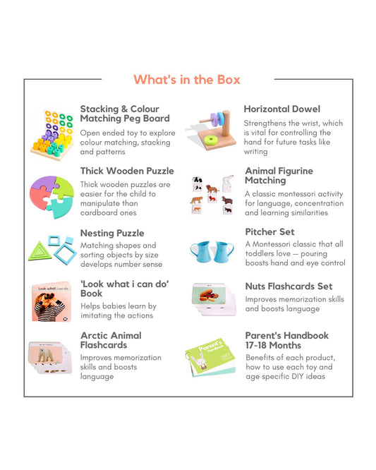 Curious Cub Montessori Box-19M+-Pack of 9 Montessori Toys-Encourages Baby’s Development-Learning & Educational Wooden Toys-Gift Set