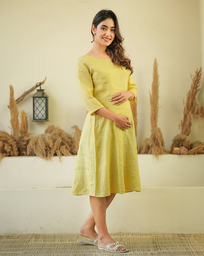 Ellementree Avocado Maternity Dress-Solid-Premium European Linen-Round Neck-Bump Friendly